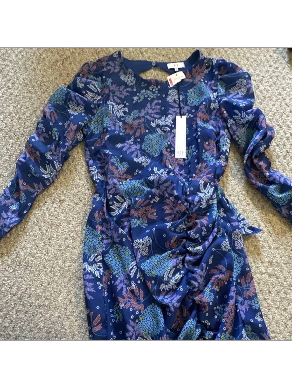 NSR Eva blue Floral HiLow Dress MIDI dress NWT Ruffle Puff Sleeve Chiffon Size M
